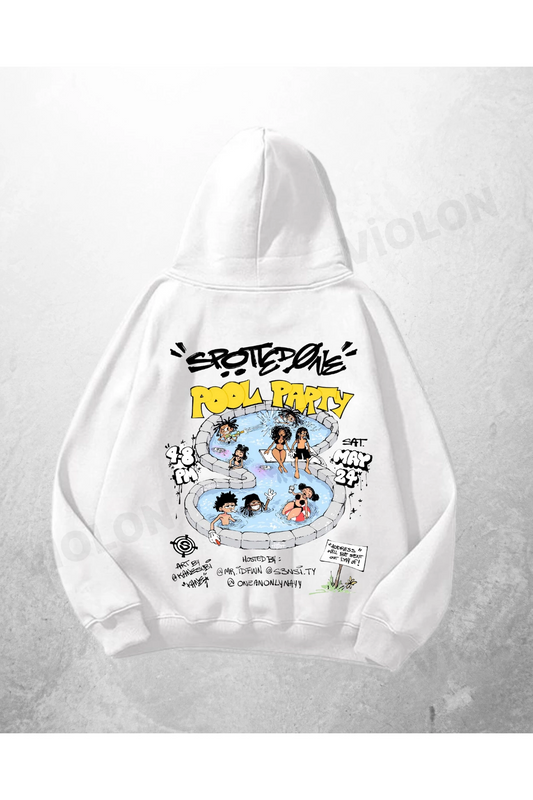 Beyaz Unisex Pool Party Baskılı Oversize Hoodie Sweatshirt