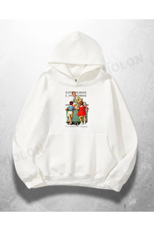 Beyaz Unisex Retro Movie Baskılı Oversize Hoodie Sweatshirt