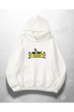 Beyaz Unisex Road Trip Baskılı Oversize Hoodie Sweatshirt