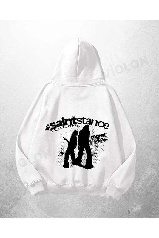 Beyaz Unisex Saintstance Baskılı Oversize Hoodie Sweatshirt