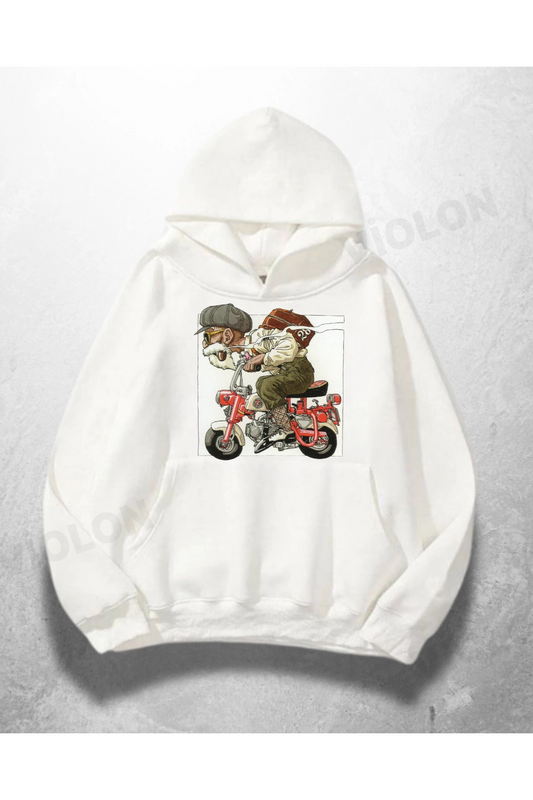 Beyaz Unisex Scooter Duo Baskılı Oversize Hoodie Sweatshirt