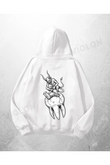 Beyaz Unisex Şeytan Tavşan Baskılı Oversize Hoodie Sweatshirt