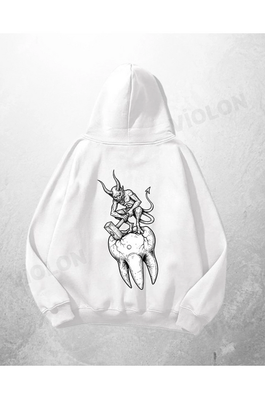 Beyaz Unisex Şeytan Tavşan Baskılı Oversize Hoodie Sweatshirt