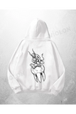 Beyaz Unisex Şeytan Tavşan Baskılı Oversize Hoodie Sweatshirt