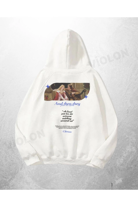 Beyaz Unisex Short Story Baskılı Oversize Hoodie Sweatshirt