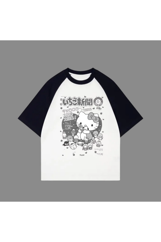 Beyaz Unisex Siyah Reglan Kitty T-Shirt