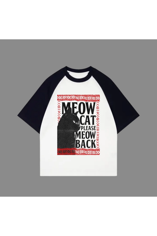 Beyaz Unisex Siyah Reglan Meow Cat T-Shirt