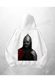 Beyaz Unisex Şövalye Baskılı Oversize Hoodie Sweatshirt