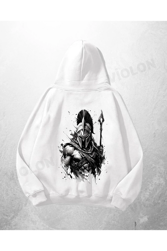 Beyaz Unisex Spartan Baskılı Oversize Hoodie Sweatshirt