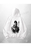 Beyaz Unisex Spartan Baskılı Oversize Hoodie Sweatshirt