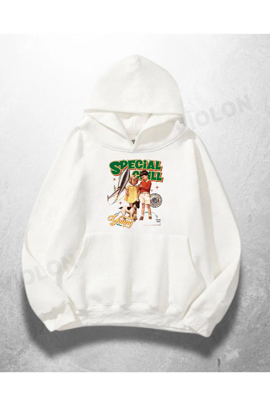 Beyaz Unisex Special Girl Baskılı Oversize Hoodie Sweatshirt