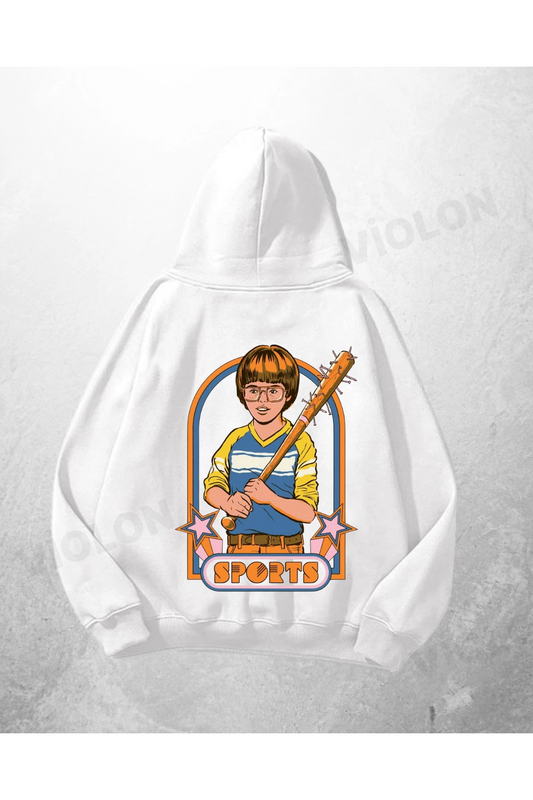 Beyaz Unisex Sports Baskılı Oversize Hoodie Sweatshirt