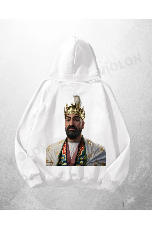 Beyaz Unisex Sultan Baskılı Oversize Hoodie Sweatshirt