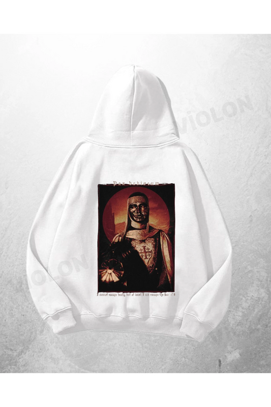 Beyaz Unisex Templar Baskılı Oversize Hoodie Sweatshirt