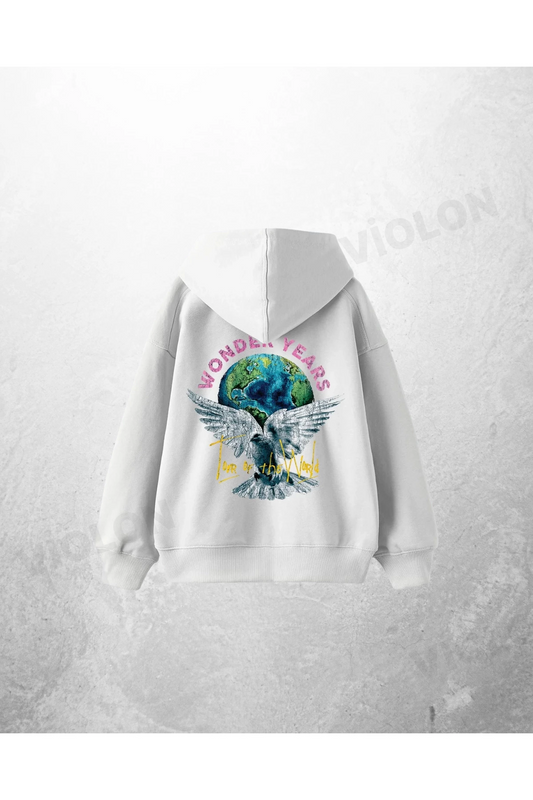 Beyaz Unisex The Wonder Years Baskılı Oversize Hoodie Sweatshirt