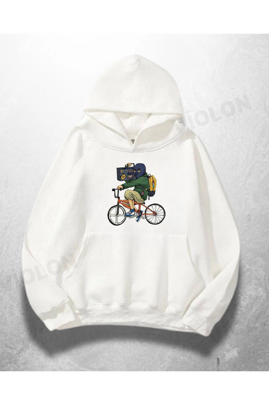 Beyaz Unisex Travel Cyclist Baskılı Oversize Hoodie Sweatshirt