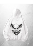 Beyaz Unisex Yaban Domuzu Baskılı Oversize Hoodie Sweatshirt
