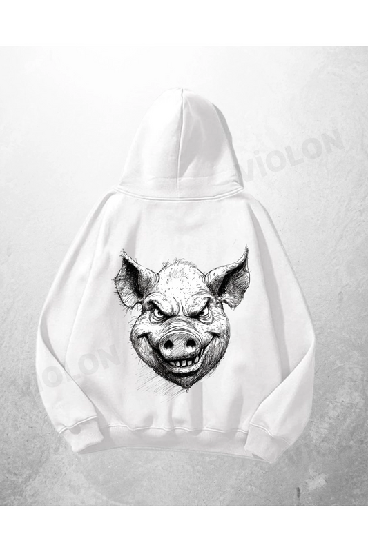 Beyaz Unisex Yaban Domuzu Baskılı Oversize Hoodie Sweatshirt