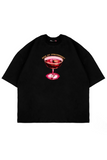 Bite My Strawberry Baskılı Siyah Oversize Unisex Tshirt