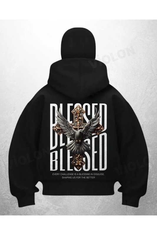 Blesed Baskılı Siyah Samuray Kar Maske Sweatshirt Hırka