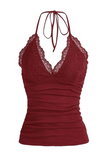 Bordo Dantelli V Yaka Gothic Boyun Bağlamalı Full Body Crop