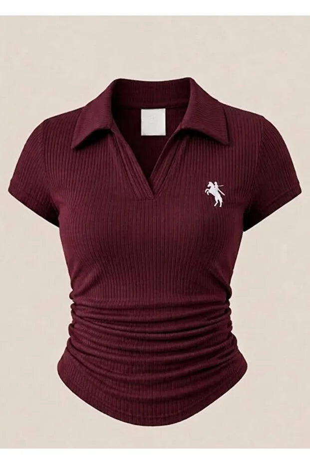 Bordo Vintage Nakış Detaylı Drapeli Polo Yaka Likralı Bluz