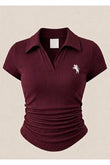 Bordo Vintage Nakış Detaylı Drapeli Polo Yaka Likralı Bluz