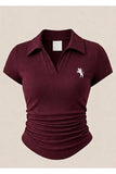Bordo Vintage Nakış Detaylı Drapeli Polo Yaka Likralı Bluz