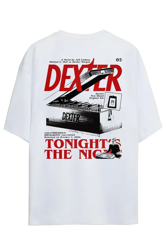 Unisex Oversize Live Beyaz Dexter Tonight The Night Detaylı T-Shirt