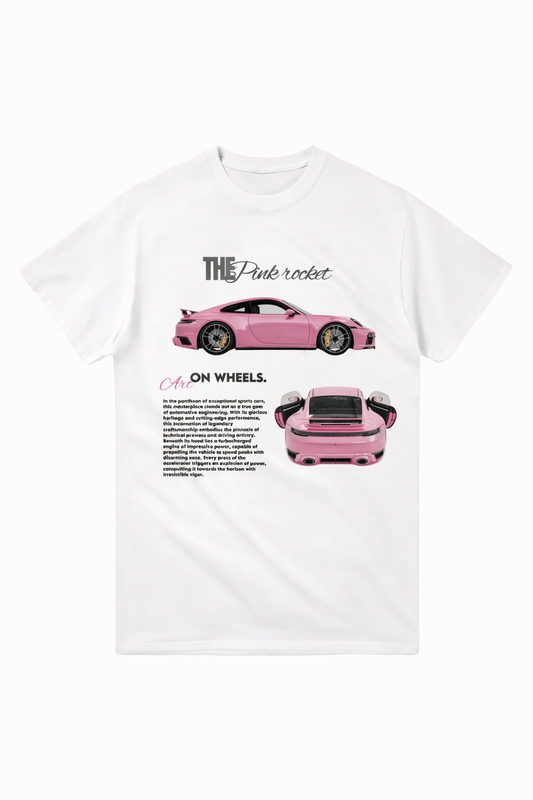 Pink Rocket Spor Araba Baskılı Beyaz Unisex Tişört