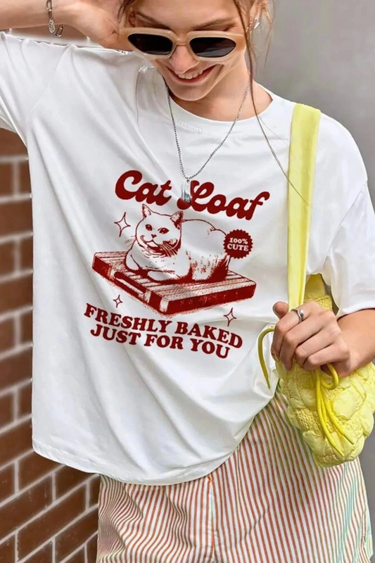 Cat Loaf Baskı Detaylı Oversize Unisex Kısa Kol TShirt