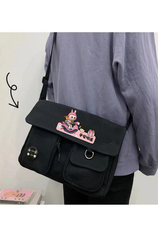Cute Labubu Harajuku Unisex Cepli Unisex Siyah Postacı Çantası