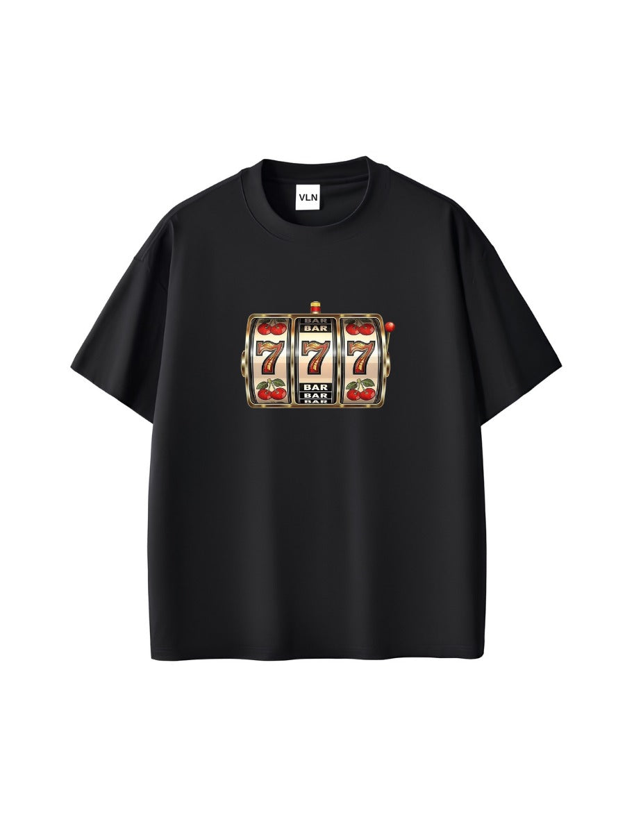 Siyah Unisex Oversize Retro Slot Makinesi Baskılı Tişört