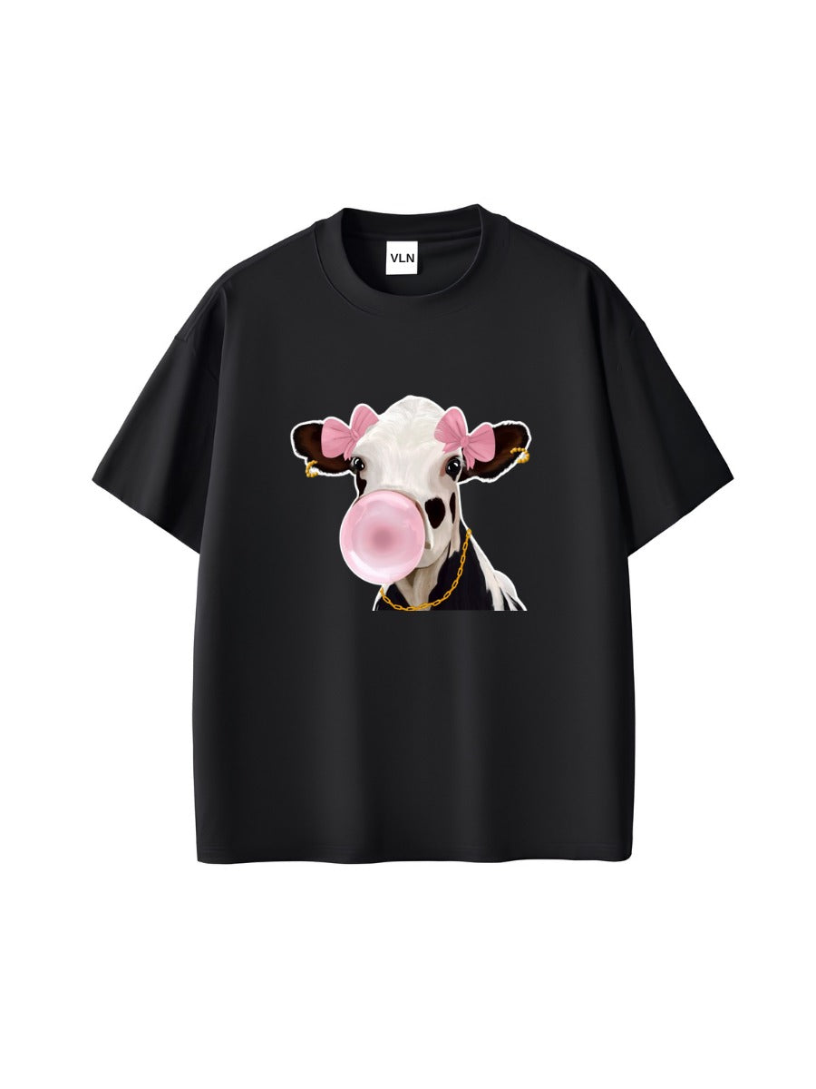 Bubble Cow Baskılı Siyah Oversize Unisex Tişört
