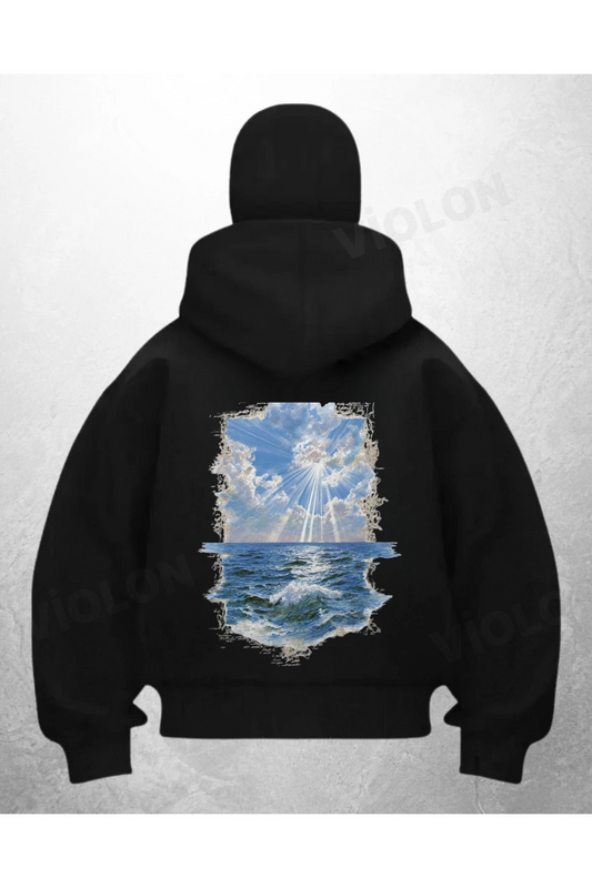 Deniz Manzara Baskılı Siyah Samuray Kar Maske Sweatshirt Hırka