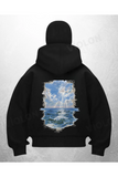 Deniz Manzara Baskılı Siyah Samuray Kar Maske Sweatshirt Hırka
