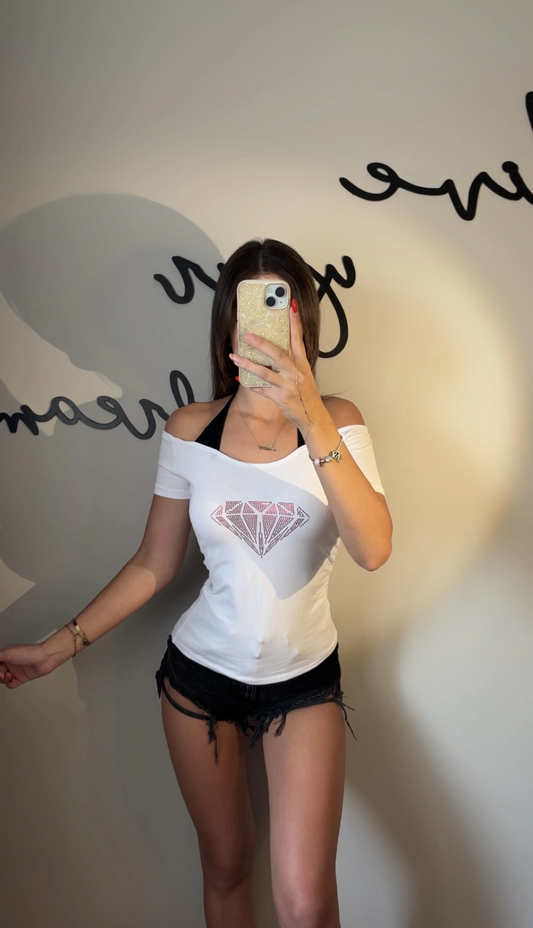 Diamond Kırmızı Taş Baskılı Madonna Yaka Ek Askılı Kısa Kollu Full Body Crop