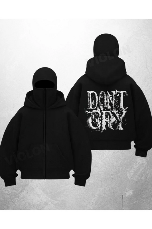 Dont Cry Baskılı Siyah Samuray Kar Maske Sweatshirt Hırka