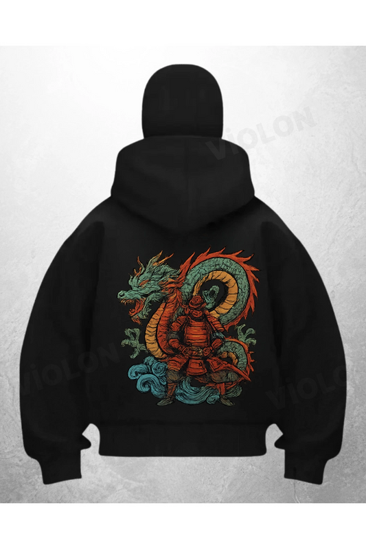 Dragons Baskılı Siyah Samuray Kar Maske Sweatshirt Hırka