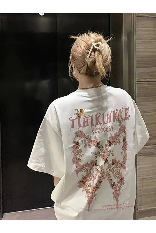 Unisex Oversize Live Beyaz Çiçek Sırt Baskı Detaylı T-Shirt