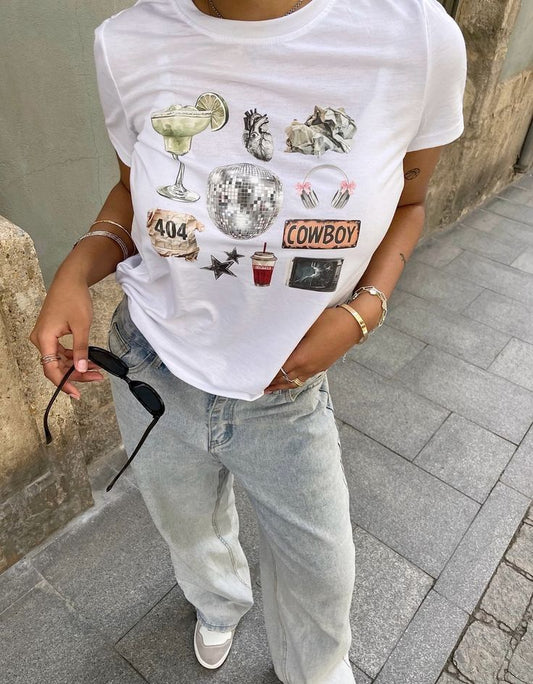 Retro Icon Kolaj Baskılı Beyaz Tişört