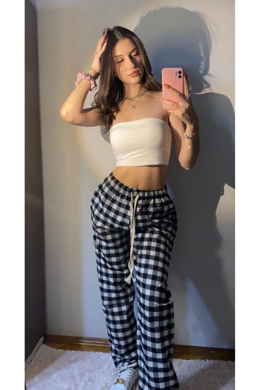 Ekose Model Desenli Siyah Beyaz Kareli Relaxed Unisex Oversize Eşofman Pijama Altı