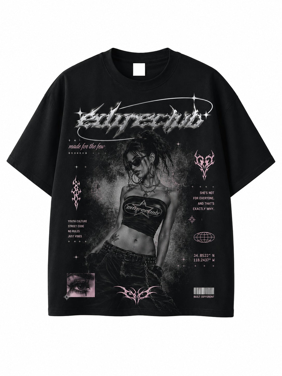 Siyah Unisex Oversize Y2K Cyber Girl Baskılı Streetwear Grunge Tişört