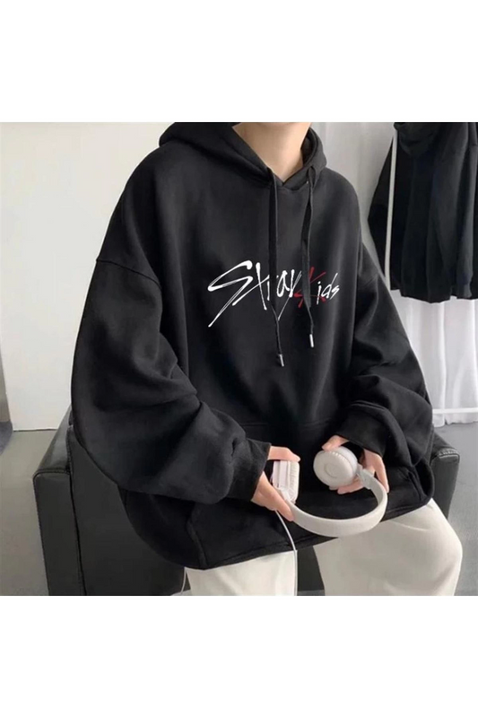 Ery Stray Kids Siyah Kapüşonlu Oversize Sweatshirt Hoodie