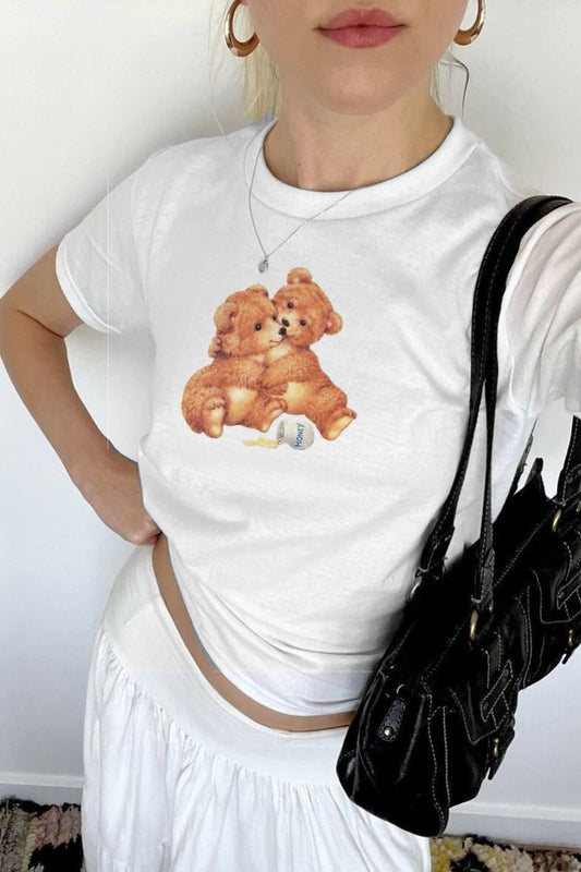 Honey Bear Desenli Kadın Crop