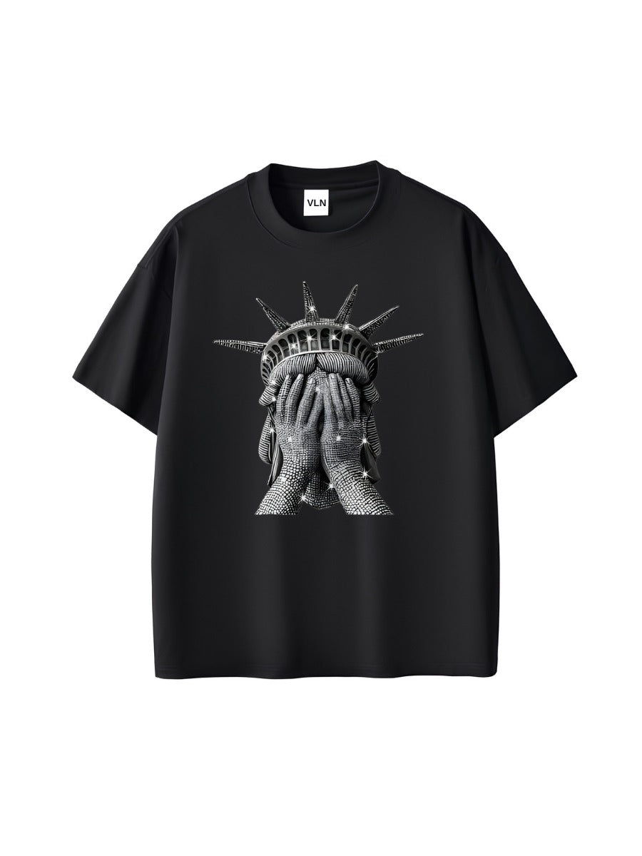 Siyah Oversize Crying Statue Baskılı Unisex Tişört