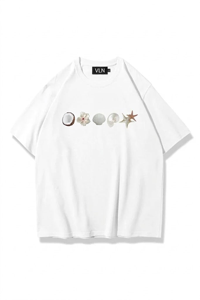 Sea Shells Baskılı Beyaz Oversize Tişört