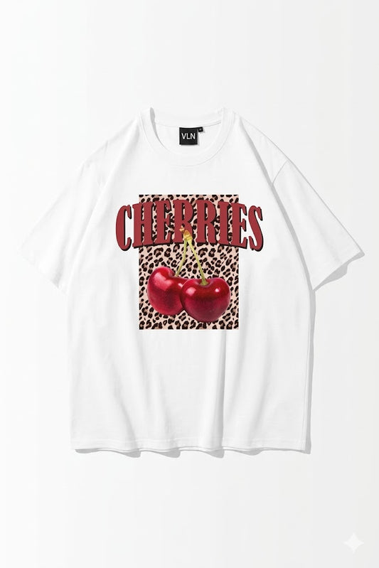 Cherries Leopar Baskılı Beyaz Oversize Tişört