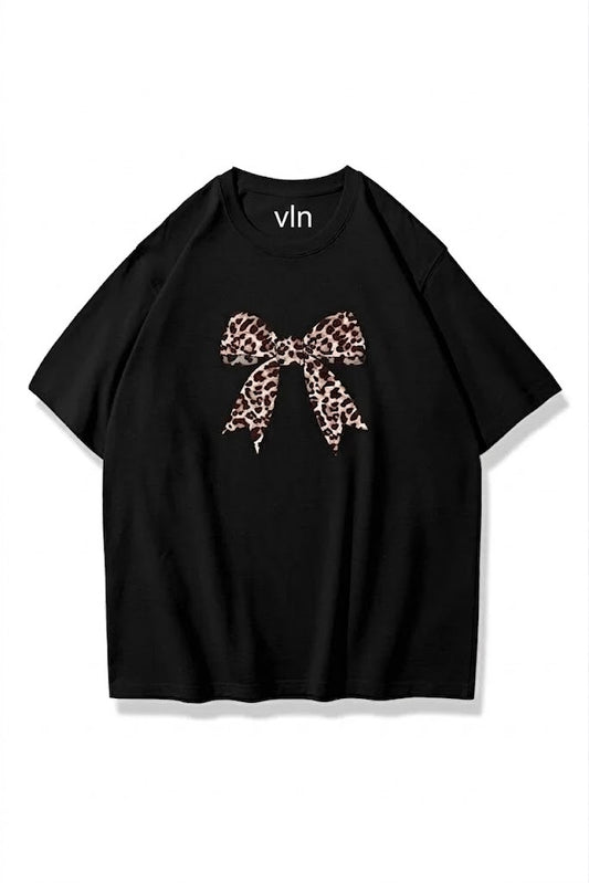 Kadın Leopar Fiyonk Siyah Oversize Tişört