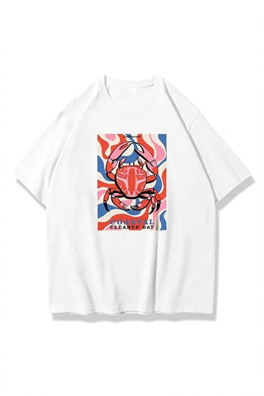 California Lobster Baskılı Beyaz Oversize Tişört